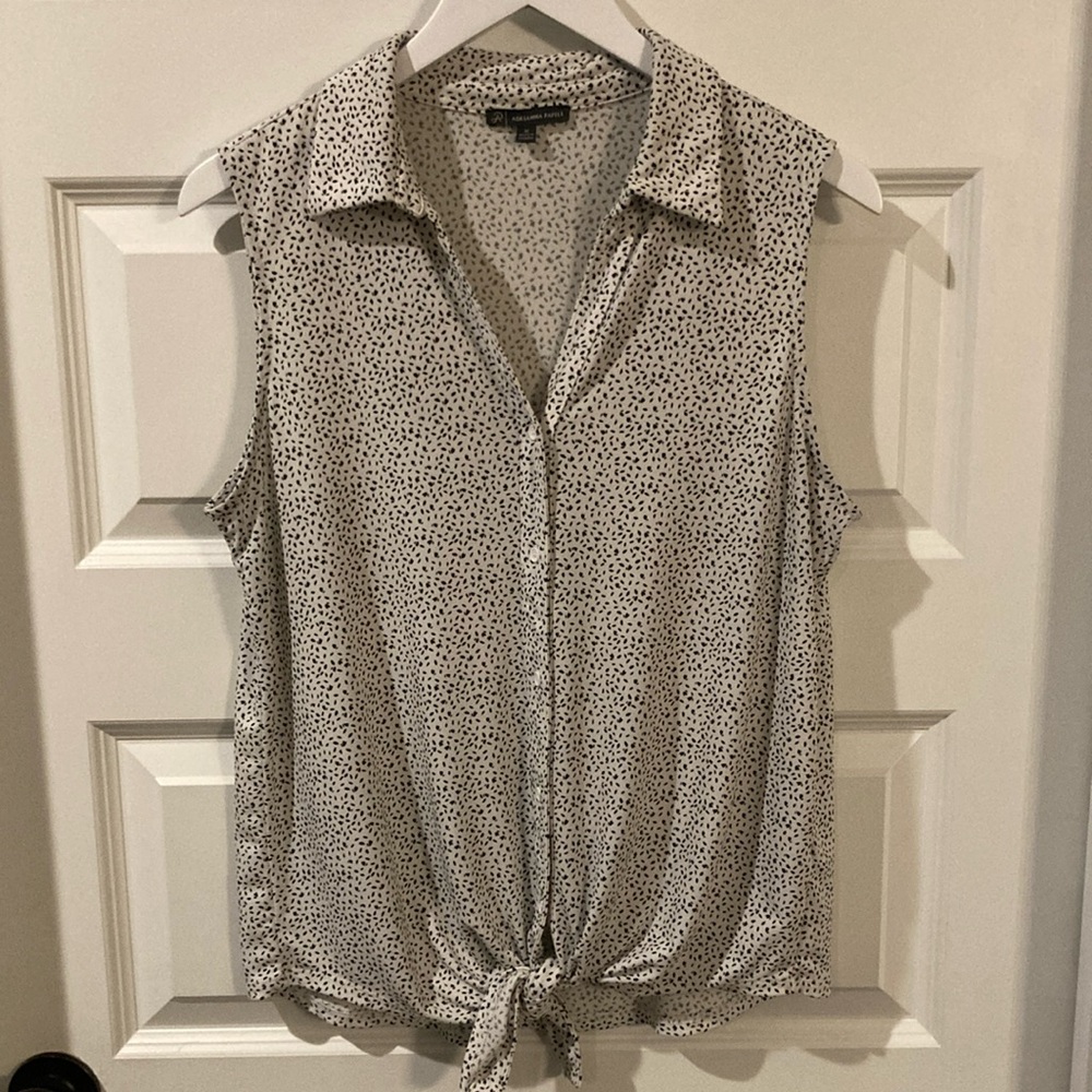 Adrianna Papell Black and White Tie Front Blouse with Notched Collar